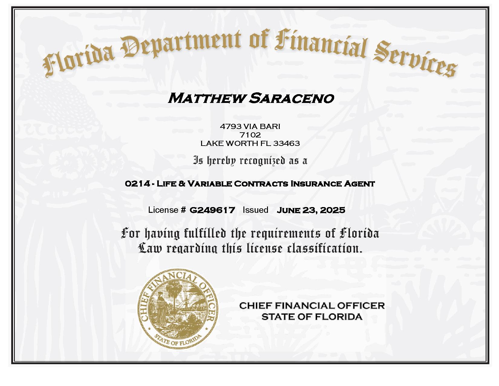 Florida Insurance License Certificate